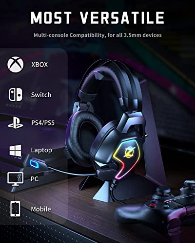 Gaming Headset for Xbox One PS4 PS5 PC Switch, Noise Canceling Headphones with Microphone, 3.5mm Audio Jack, Auto-Adjust Headband, 50mm Drivers, RGB Light, Lightweight Wired Gaming Headphones-Black