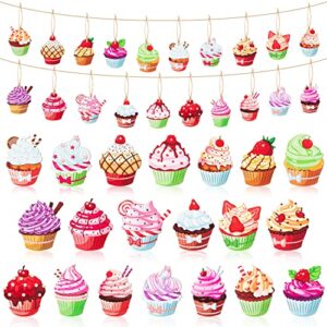 haooryx 41pcs cupcake wood ornaments hanging decoration, colorful cupcake wooden decorative pendents for themed birthday party favor gift tags holiday home tree decor supplies