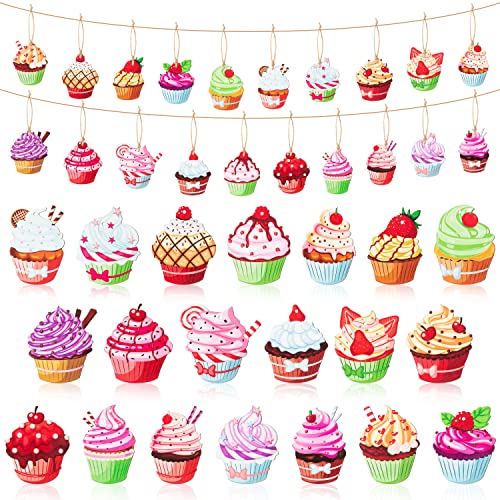 Haooryx 41Pcs Cupcake Wood Ornaments Hanging Decoration, Colorful Cupcake Wooden Decorative Pendents for Themed Birthday Party Favor Gift Tags Holiday Home Tree Decor Supplies