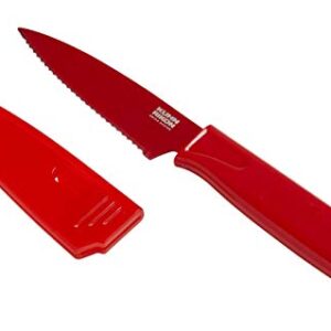 KUHN RIKON COLORI Non-Stick Serrated Paring Knife with Safety Sheath, 4 inch/10.16 cm Blade, Red