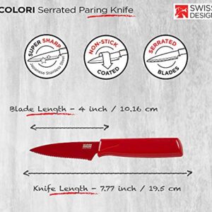 KUHN RIKON COLORI Non-Stick Serrated Paring Knife with Safety Sheath, 4 inch/10.16 cm Blade, Red