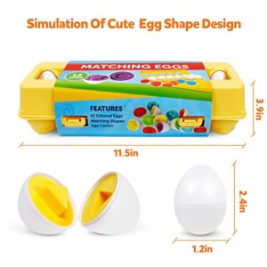 NAODONGLI Matching Eggs for Toddlers, 12 pcs Set Color & Shape Egg Puzzle Toys, Montessori Geometric Eggs,Educational Preschool Game Fine Motor Skill Gifts for1 2 3 Years Old Kids Boys Girls