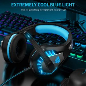 Pacrate Gaming Headset with Microphone for PC PS4 PS5 Headset Noise Cancelling Gaming Headphones for Laptop Mac Switch Xbox One Headset with LED Lights Deep Bass for Kids Adults Black Blue