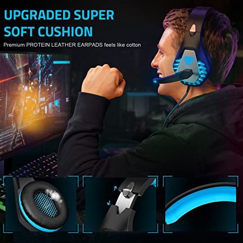 Pacrate Gaming Headset with Microphone for PC PS4 PS5 Headset Noise Cancelling Gaming Headphones for Laptop Mac Switch Xbox One Headset with LED Lights Deep Bass for Kids Adults Black Blue