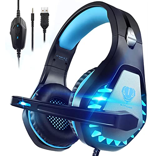 Pacrate Gaming Headset with Microphone for PC PS4 PS5 Headset Noise Cancelling Gaming Headphones for Laptop Mac Switch Xbox One Headset with LED Lights Deep Bass for Kids Adults Black Blue