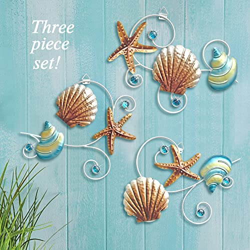 VividLadybug Beach Wall Decor Seashell starfish metal wall decor ocean theme Marine Coast decor suitable for home bathroom coast wall decor Set of 3