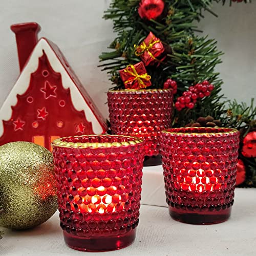 WOHO Red Votive Candle Holders for Table Centerpiece Set of 12, Tealight Candle Holder Bulk with Gold Rim, Glass Tea Lights Candle Holder for Christmas, Holiday and Dating Decor