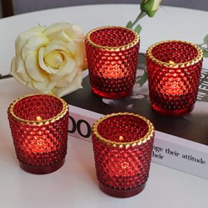 WOHO Red Votive Candle Holders for Table Centerpiece Set of 12, Tealight Candle Holder Bulk with Gold Rim, Glass Tea Lights Candle Holder for Christmas, Holiday and Dating Decor