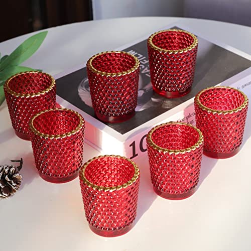 WOHO Red Votive Candle Holders for Table Centerpiece Set of 12, Tealight Candle Holder Bulk with Gold Rim, Glass Tea Lights Candle Holder for Christmas, Holiday and Dating Decor