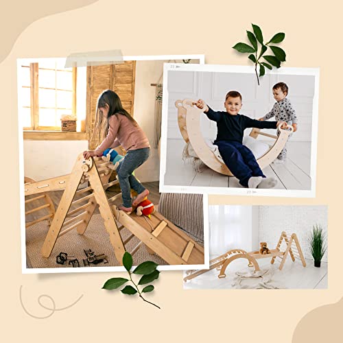 5 in 1 Indoor Play Equipment for Kids, Montessori Climbing Triangle + Wooden Arch + Slide Board + Playground Net Promotes Balance and Motor Skills, Waldorf Climbing Toys Aged 6 Months to 7 Years