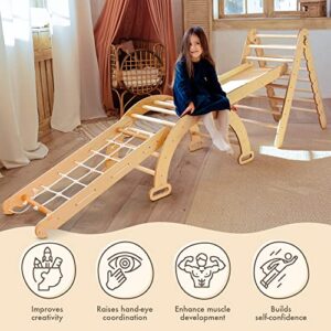 5 in 1 Indoor Play Equipment for Kids, Montessori Climbing Triangle + Wooden Arch + Slide Board + Playground Net Promotes Balance and Motor Skills, Waldorf Climbing Toys Aged 6 Months to 7 Years