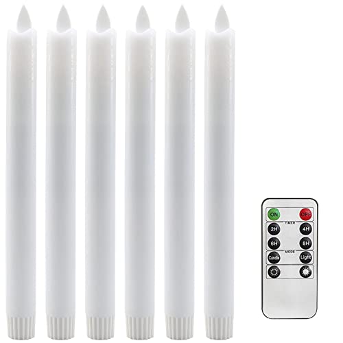 Stmarry Moving Flame Taper Candles with Remote and Timer, Flameless LED Candlesticks Flickering with Real Wax and Moving Wick, Christmas Decorations 0.78 x 9.5 Inches Set of 6(White)