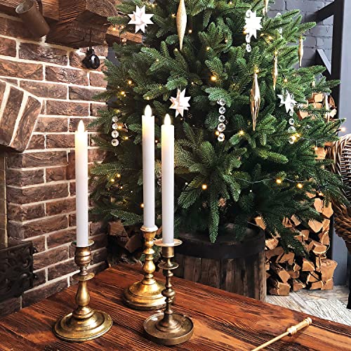 Stmarry Moving Flame Taper Candles with Remote and Timer, Flameless LED Candlesticks Flickering with Real Wax and Moving Wick, Christmas Decorations 0.78 x 9.5 Inches Set of 6(White)