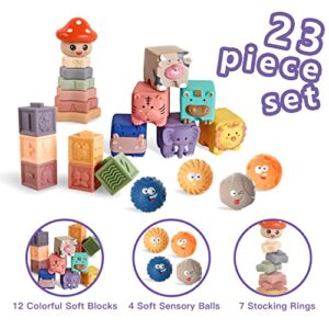 Oueyes Montessori Toys for Babies 6-12 Months Baby Toys 4 in 1 Baby Blocks Soft Stacking Building Blocks Rings Balls Sets Baby Sensory Toys 6-12 Months Infants Teething Toys