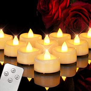 yojaciki flameless candles, 12 pack remote control tea lights, battery candles flickering, 6/8h timer led tea lights with remote for halloween christmas home decor, dia 1-1/2” x h 1-1/4”(warm white)