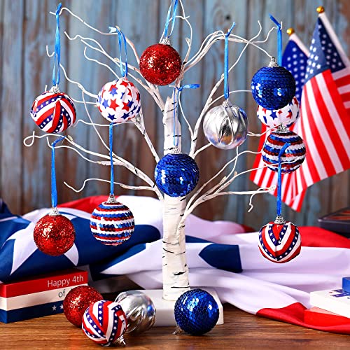 4th of July Ball Ornaments Patriotic Decorations for Tree Independence Day Glitter Balls Tree Ornaments 1.97 Inch Red White Blue Ball for Memorial Day Home Hanging Decor (Popular Style, 24 Pieces)