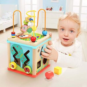 TOP BRIGHT Activity Cube Toys for 1 Year Old Boy Girl, Montessori Wooden Toys for Toddlers, One Year Old First Birthday Gift, Baby Toy for 12-18 Months with Bead Maze Shape Sorter