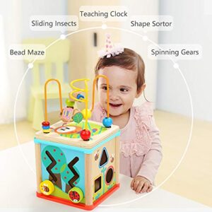 TOP BRIGHT Activity Cube Toys for 1 Year Old Boy Girl, Montessori Wooden Toys for Toddlers, One Year Old First Birthday Gift, Baby Toy for 12-18 Months with Bead Maze Shape Sorter