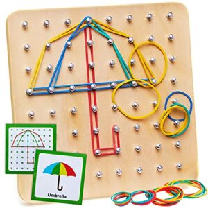 panda brothers wooden geoboard - montessori toys for 3 4 5 year old kids and toddlers, educational toy with 30 pattern cards and 40 rubber bands to create figures, brain teaser stem toy geo board