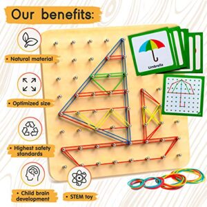 Panda Brothers Wooden Geoboard - Montessori Toys for 3 4 5 Year Old Kids and Toddlers, Educational Toy with 30 Pattern Cards and 40 Rubber Bands to Create Figures, Brain Teaser STEM Toy Geo Board