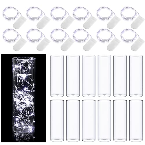 Clear Glass Vases Cylinder Vases for Centerpieces and 10 ft 30 LED White Fairy Lights Battery Operated Mini String Lights for Jar DIY Wedding Party Home Table Christmas Decor (12 Set)