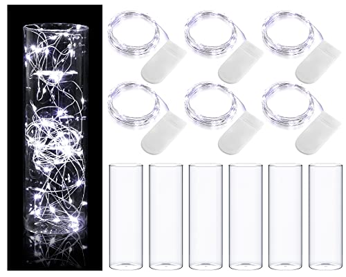 Clear Glass Vases Cylinder Vases for Centerpieces and 10 ft 30 LED White Fairy Lights Battery Operated Mini String Lights for Jar DIY Wedding Party Home Table Christmas Decor (12 Set)