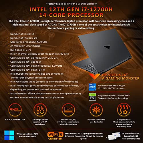 HP Victus 16 Gaming Laptop Mica Silver Intel Core i7-12700H, 16.1” FHD, 16 GB RAM, 1 TB SSD, 6GB Nvidia GeForce RTX 3060, Win 11 Home Adv, WiFi 6, 4Cell, B&OAudio, 64GB Tech Warehouse Flashdrive