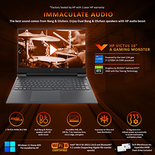 HP Victus 16 Gaming Laptop Mica Silver Intel Core i7-12700H, 16.1” FHD, 16 GB RAM, 1 TB SSD, 6GB Nvidia GeForce RTX 3060, Win 11 Home Adv, WiFi 6, 4Cell, B&OAudio, 64GB Tech Warehouse Flashdrive