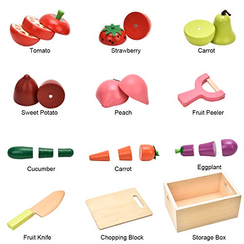 CARLORBO Wooden Play Food for Kids Kitchen - Toys Food Vegetables and Fruit for 2 Year Old Boys Girls Role Pretend Play Early Education Montessori Education