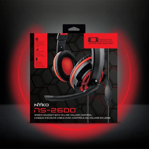 Nyko Ns-2600 Wired Headset for Nintendo Switch, Switch OLED & Switch Lite - Lightweight Headphones w/ Adjustable Microphone - Compatible w/ PC, PS4 & PS5 - Nintendo Switch Accessories (Black and Red)