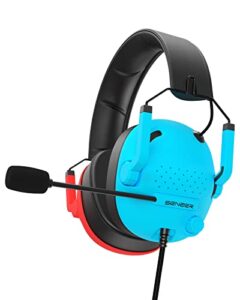 senzer sg500 surround sound pro gaming headset with noise cancelling microphone - detachable memory foam ear pads - portable foldable headphones for pc, ps4, ps5, xbox one, switch - red&blue
