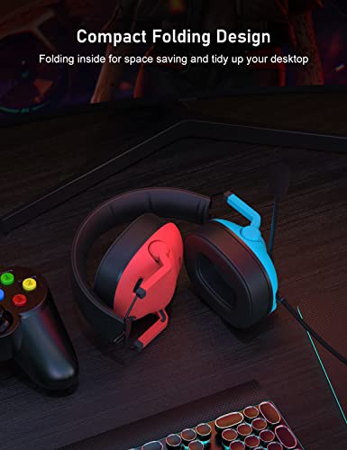 SENZER SG500 Surround Sound Pro Gaming Headset with Noise Cancelling Microphone - Detachable Memory Foam Ear Pads - Portable Foldable Headphones for PC, PS4, PS5, Xbox One, Switch - Red&Blue