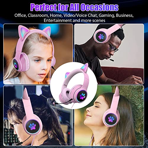 Atrasee Stereo Gaming Headset for PS4 PC PS5 Xbox One Nintendo Switch, Wired Cat Ear Headphones with Mic, Surround Bass, Soft Earmuffs, Noise Cancelling Over Ear Headphones for Girls Kids, Pink