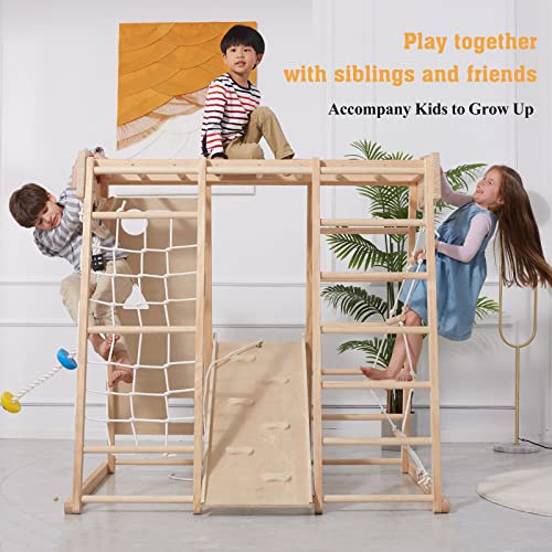 Giant bean Large Size Indoor Playground Jungle Gym for 2-10yrs Kids,Toddlers Climber Toys 9-in-1 with Slide, Rock Climb Wall, Monkey Bars, Wood & Rope Ladder, Climbing Rope & Wall and Gymnastic Ring