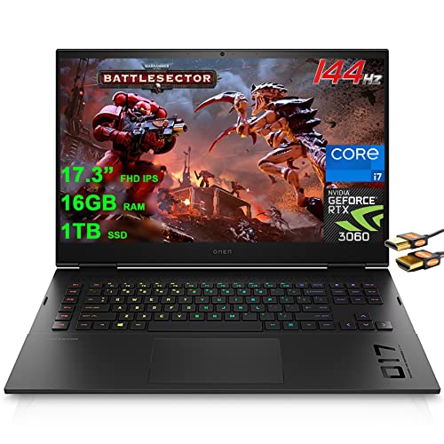 HP Omen 17 Gaming Laptop 17.3” FHD IPS 144Hz 7ms (300 nits, 100% sRGB, Micro-Edge) 11th Gen Intel 8-Core i7-11800H 16GB RAM 1TB SSD Geforce RTX 3060 6GB Thunderbolt RGB Backlit Black + HDMI Cable