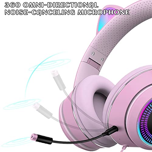 VIGROS Cat Ear Gaming Headphones Wired AUX 3.5mm LED Light, Noise Canceling Game Headphones Stereo Foldable Over-Ear Headsets with Microphone Fit Girls, Kids for PC, PS4, Switch, Xbox, Mobile, Laptop