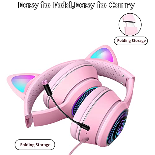 VIGROS Cat Ear Gaming Headphones Wired AUX 3.5mm LED Light, Noise Canceling Game Headphones Stereo Foldable Over-Ear Headsets with Microphone Fit Girls, Kids for PC, PS4, Switch, Xbox, Mobile, Laptop