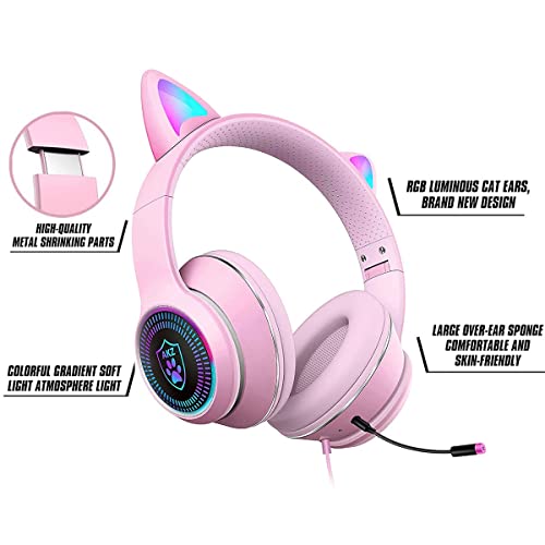 VIGROS Cat Ear Gaming Headphones Wired AUX 3.5mm LED Light, Noise Canceling Game Headphones Stereo Foldable Over-Ear Headsets with Microphone Fit Girls, Kids for PC, PS4, Switch, Xbox, Mobile, Laptop