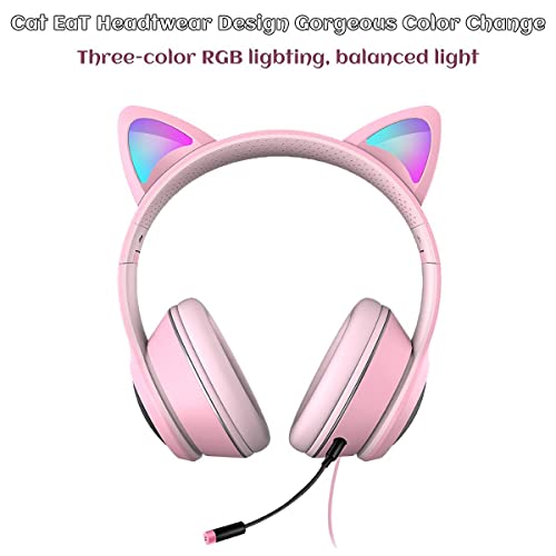 VIGROS Cat Ear Gaming Headphones Wired AUX 3.5mm LED Light, Noise Canceling Game Headphones Stereo Foldable Over-Ear Headsets with Microphone Fit Girls, Kids for PC, PS4, Switch, Xbox, Mobile, Laptop