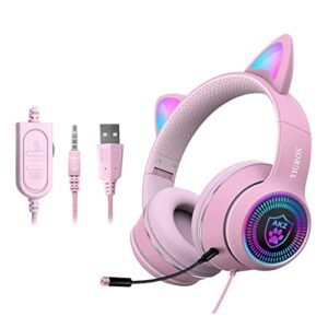 VIGROS Cat Ear Gaming Headphones Wired AUX 3.5mm LED Light, Noise Canceling Game Headphones Stereo Foldable Over-Ear Headsets with Microphone Fit Girls, Kids for PC, PS4, Switch, Xbox, Mobile, Laptop