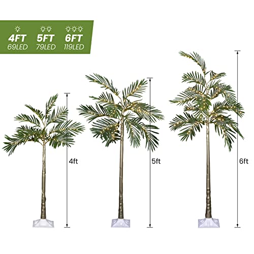 Lamerge Lighted Palm Tree Pack of 3, 4FT 5FT and 6FT Artificial Palm Tree, 69+79+119 LED Lights, Decoration for Outdoor and Indoors Festival Holiday Christmas Patio Pool, Green (Christmas Tree004)