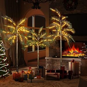 lamerge lighted palm tree pack of 3, 4ft 5ft and 6ft artificial palm tree, 69+79+119 led lights, decoration for outdoor and indoors festival holiday christmas patio pool, green (christmas tree004)