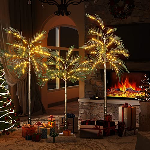 Lamerge Lighted Palm Tree Pack of 3, 4FT 5FT and 6FT Artificial Palm Tree, 69+79+119 LED Lights, Decoration for Outdoor and Indoors Festival Holiday Christmas Patio Pool, Green (Christmas Tree004)