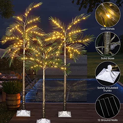 Lamerge Lighted Palm Tree Pack of 3, 4FT 5FT and 6FT Artificial Palm Tree, 69+79+119 LED Lights, Decoration for Outdoor and Indoors Festival Holiday Christmas Patio Pool, Green (Christmas Tree004)