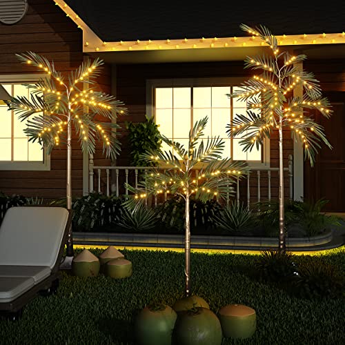 Lamerge Lighted Palm Tree Pack of 3, 4FT 5FT and 6FT Artificial Palm Tree, 69+79+119 LED Lights, Decoration for Outdoor and Indoors Festival Holiday Christmas Patio Pool, Green (Christmas Tree004)