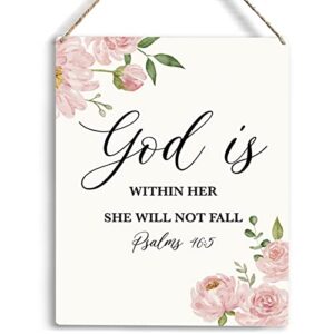 christian religious gifts for women inspirational god is within her she will not fall wall art christian wall decor religion bible verse christmas gifts decorations wooden hanging sign 8 x 10 inches