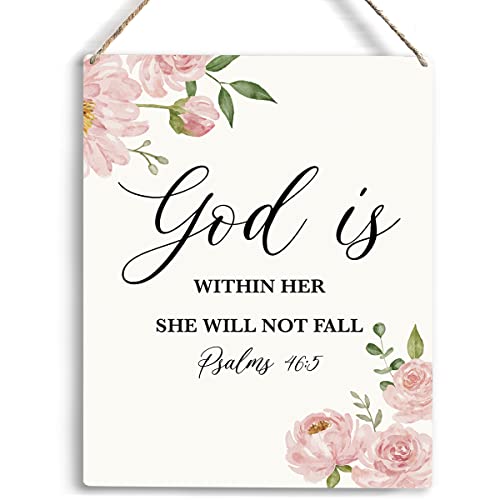 Christian Religious Gifts for Women Inspirational God Is Within Her She Will Not Fall Wall Art Christian Wall Decor Religion Bible Verse Christmas Gifts Decorations Wooden Hanging Sign 8 x 10 Inches