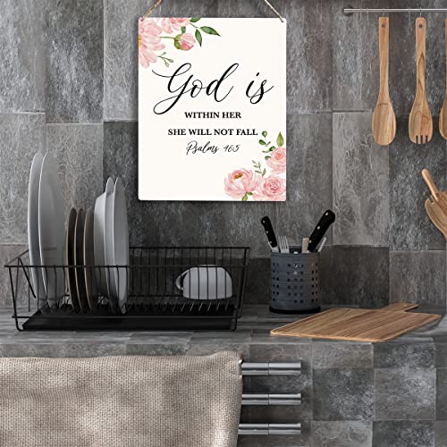 Christian Religious Gifts for Women Inspirational God Is Within Her She Will Not Fall Wall Art Christian Wall Decor Religion Bible Verse Christmas Gifts Decorations Wooden Hanging Sign 8 x 10 Inches