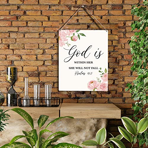 Christian Religious Gifts for Women Inspirational God Is Within Her She Will Not Fall Wall Art Christian Wall Decor Religion Bible Verse Christmas Gifts Decorations Wooden Hanging Sign 8 x 10 Inches