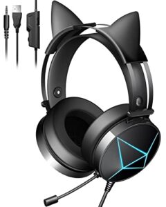 cat ear headphones with noise canceling microphone and surround sound, gaming headset with removable cat ears, led lights, compatible with pc, xbox one, ps4, ps5, switch, black gamer headset wired